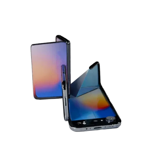 Foldable Gaming Phone Stylized 3D model, stylized isometric render, showing glass screens, thin device proportions.