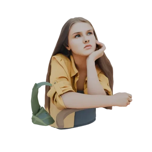 3D model of a young woman with long brown hair, wearing a yellow shirt, in a pensive pose, resting her head on her hand and l
