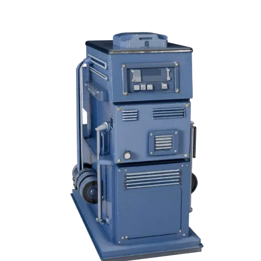 Assembly Control Cabinet Low Poly 3D model, game viewport three-quarter view, showing painted steel, machine stations.