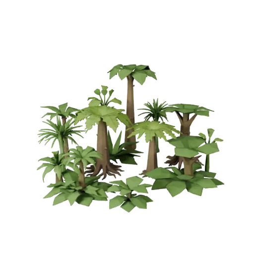 Fantasy Glowing Plant Set Low Poly 3D model, game viewport three-quarter view, showing leaf clusters, terrain detail.