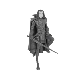 3D-Modell eines Fantasy-Ritters in detailreicher Rüstung, mit Schwert, ein Bein angewinkelt.