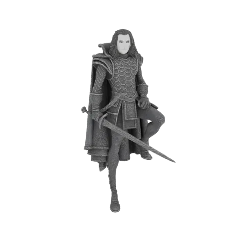 3D model of a fantasy knight in detailed armor, holding a sword, with one leg bent.