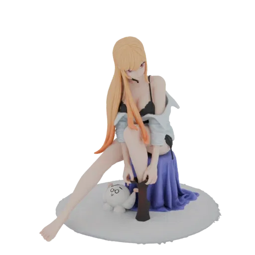 3D model of Marin Kitagawa from My Dress-Up Darling in black lingerie, adjusting her stocking, with a small white creature.