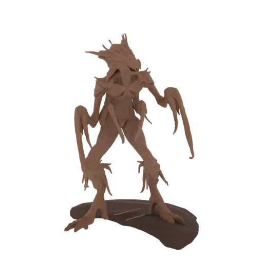 3D model render of a clay-like alien warrior with sharp features, elongated limbs, and a menacing stance, set against a black