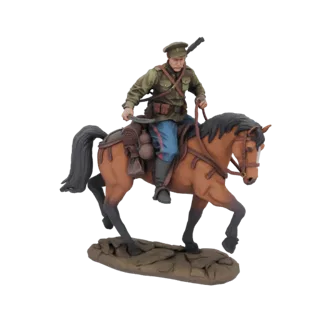 3D model of a Russian Cossack cavalryman in a green uniform, riding a brown horse with a rifle and saber, on a rocky base.