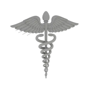 A 3D render of the Caduceus symbol, a winged staff with two serpents, presented in a neutral gray tone against a white backgr