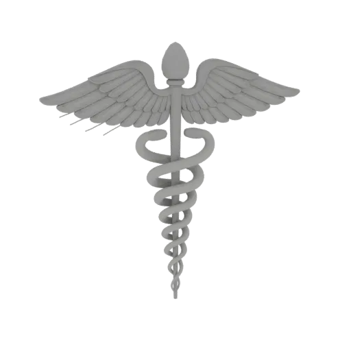 A 3D render of the Caduceus symbol, a winged staff with two serpents, presented in a neutral gray tone against a white backgr