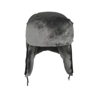 3D model of a grey winter Ushanka hat with fur trim and ear flaps tied up