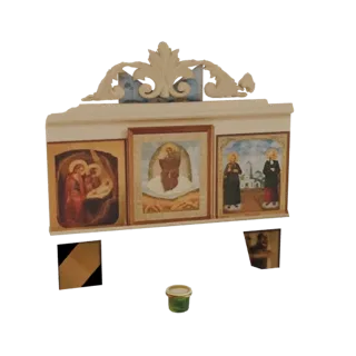 3D model of an ornate religious iconostasis with three painted panels and decorative carvings, set against a white background