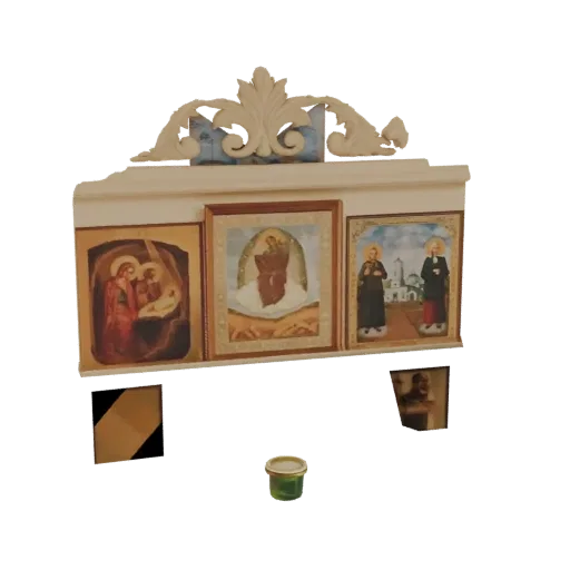 3D model of an ornate religious iconostasis with three painted panels and decorative carvings, set against a white background