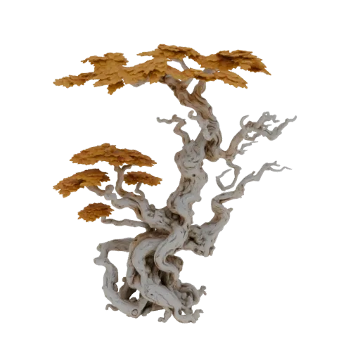 3D model of a gnarled, ancient bonsai tree with a thick, twisted trunk and vibrant golden foliage, set against a white backgr