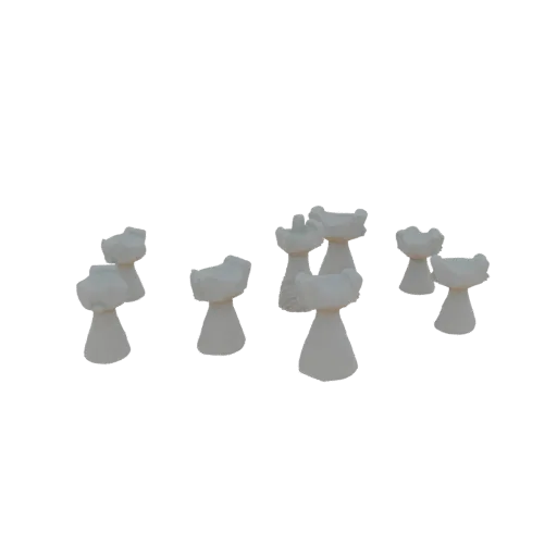 A 3D render of a cluster of abstract, stylized white mushrooms arranged organically on a black background.