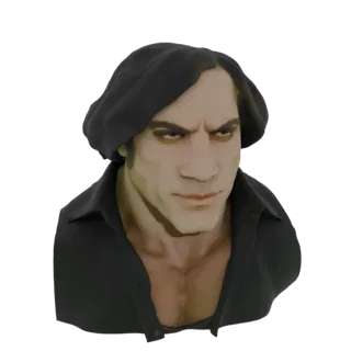 3D model render of a brooding man with dark hair, wearing a black beret and shirt, with an intense expression.