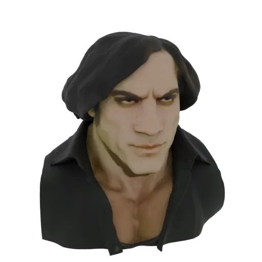 3D model render of a brooding man with dark hair, wearing a black beret and shirt, with an intense expression.