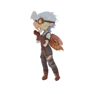 Modèle 3D d'un personnage d'aviateur steampunk avec des cheveux bleu clair, des lunettes, une tenue d'aviateur marron et de g