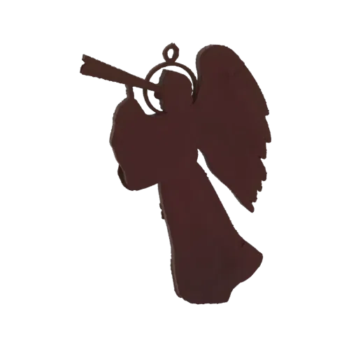 3D model render of a silhouette angel holding a trumpet, with a halo and wings, against a white background.