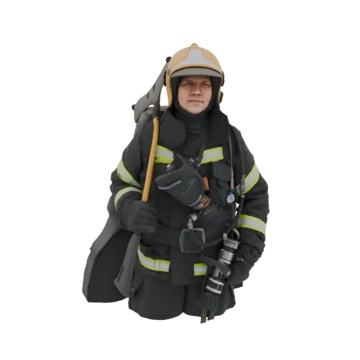 3D model of a firefighter in full gear, holding an axe and a hose nozzle, against a black background.