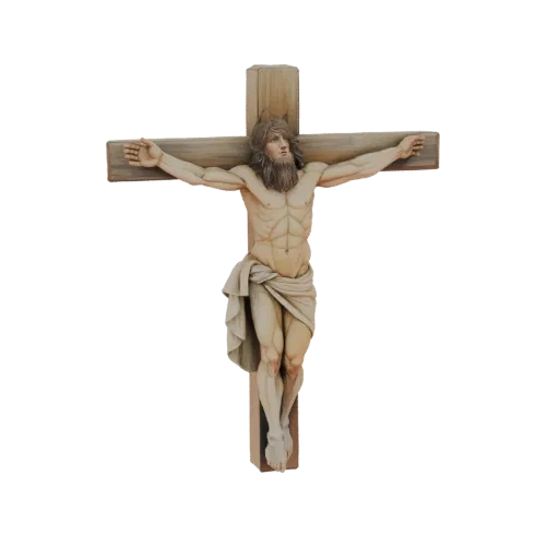 3D model of Jesus Christ on a wooden cross, depicted in a realistic sculpture style.