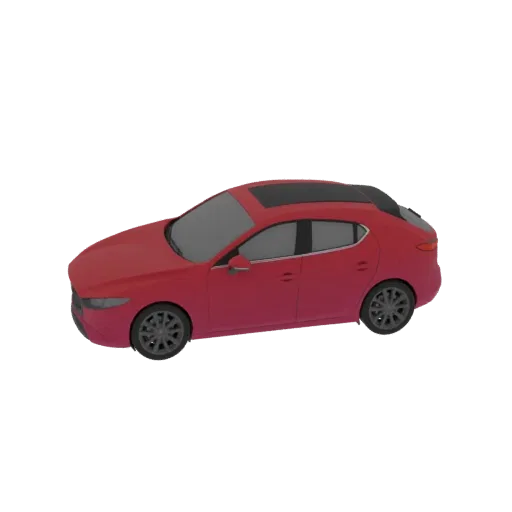 Modelo 3D de un coche hatchback rojo con techo solar, visto desde un ángulo de tres cuartos sobre un fondo blanco.