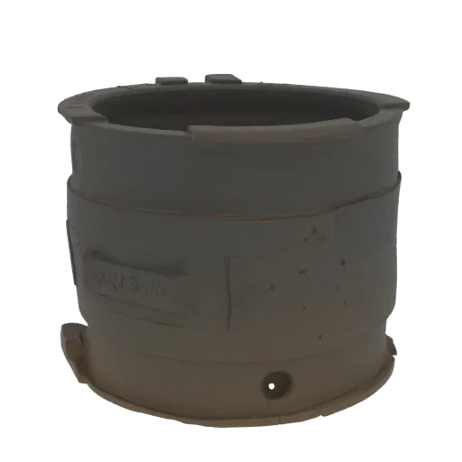 3D model of an ancient clay pot with a textured surface and an embossed band around its middle, set against a white backgroun