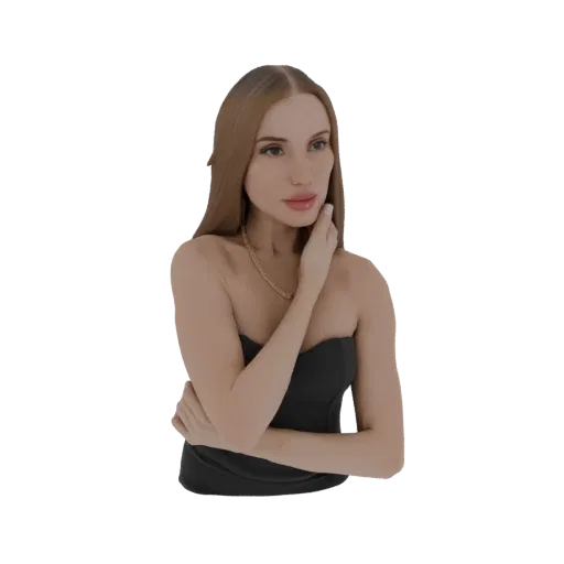 Modello 3D di una donna elegante con lunghi capelli castani, che indossa un abito nero senza spalline, in posa con la mano su