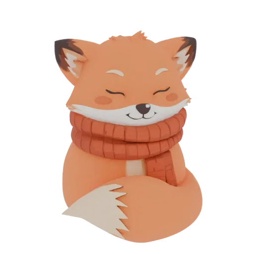 3D model of a cute, stylized fox wearing an orange scarf, with eyes closed and a gentle smile.
