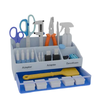 Modèle 3D organisateur d'outils avec compartiments pour ciseaux, tournevis, adaptateurs et tiroir à outils.