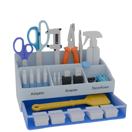 Modello 3D organizzatore attrezzi con scomparti per forbici, cacciaviti, adattatori e cassetto attrezzi.