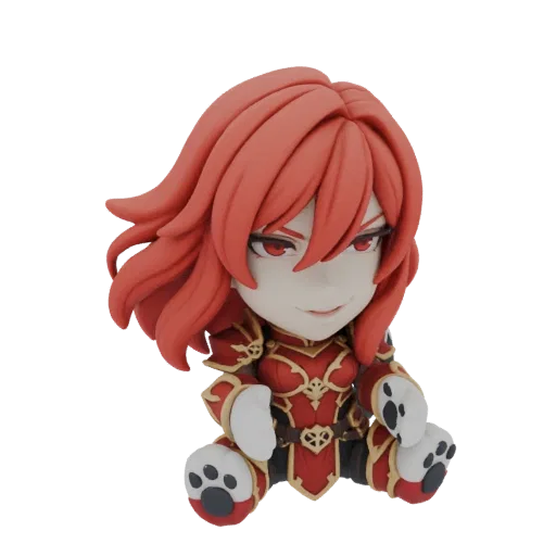 3D-Render einer Chibi-Kriegerfigur mit fließendem roten Haar, detaillierter rot-goldener Rüstung und pfotenartigen Füßen, vor weißem Hintergrund.