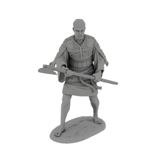 3D model render of an ancient warrior figure with detailed armor, holding a large axe, standing on a textured base.