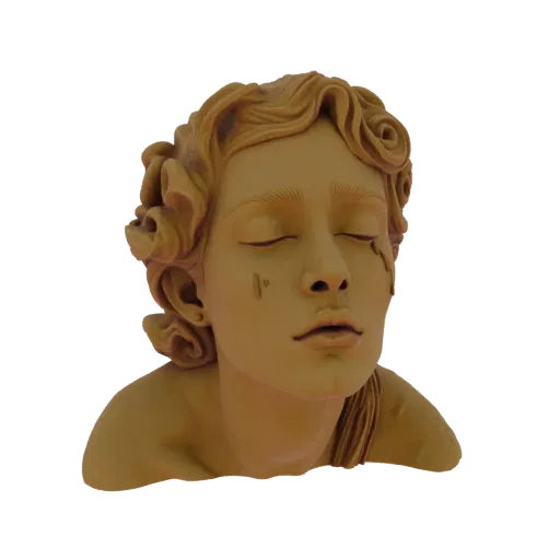 3D model of a crying angel's bust with closed eyes and tears, intricate hair, and a melancholic expression.
