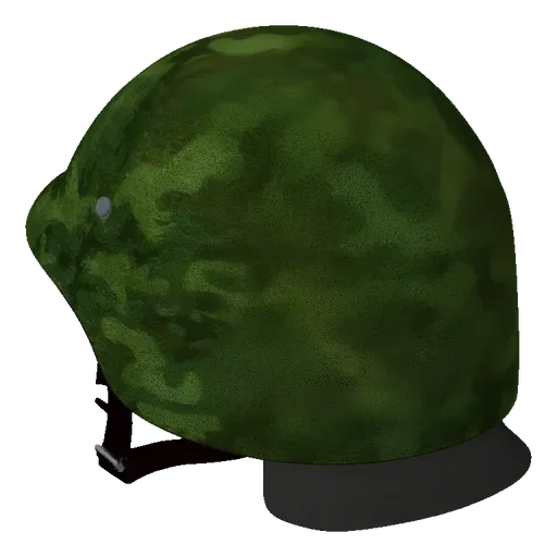 Side view of a 3D model of a green camouflage military helmet with a black chin strap against a black background.