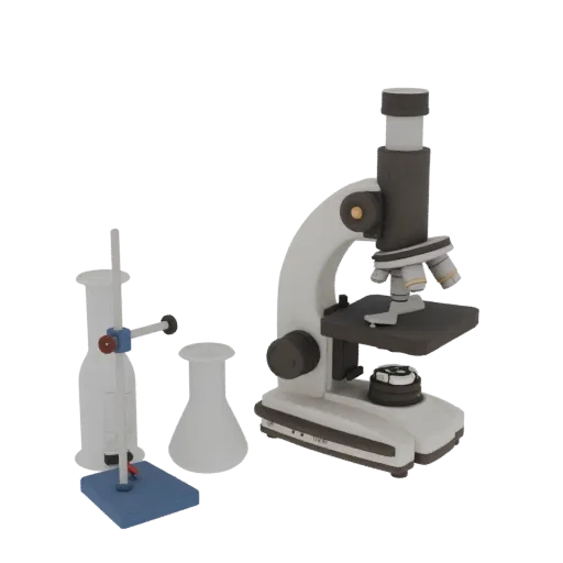 Classroom Microscope Realistic 3D model, three-quarter studio render, showing glass, recognizable lab forms.