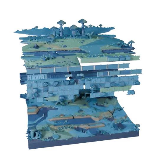 Alien Mushroom Biome Modular 3D model, isometric modular kit view, showing terrain layers, layered vegetation clusters.