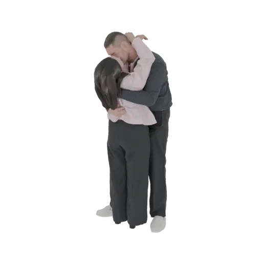 نموذج ثلاثي الأبعاد لرجل وامرأة يحتضنان ويقبلان، معروض بتفاصيل واقعية.