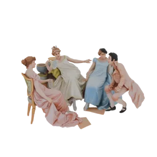 3D model of a Regency era salon scene with four figures in period attire, two women and two men, in conversation.