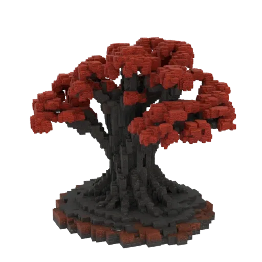 A 3D model of a stylized tree with a dark, blocky trunk and vibrant red voxel foliage, presented on a white background.
