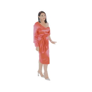 Modelo 3D de una mujer con un vestido de satén fluido de un hombro, adoptando una pose elegante.