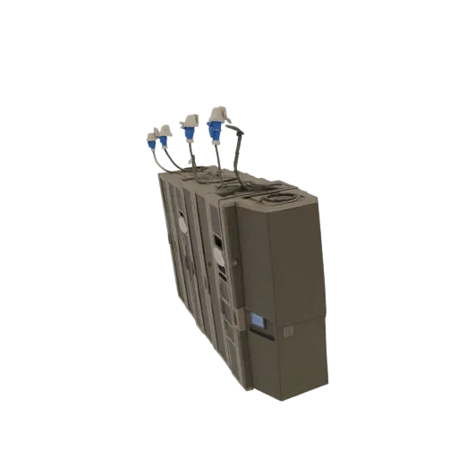 3D-Modell einer robusten, dunkelgrauen industriellen Stromverteilereinheit mit mehreren blauen Steckdosen oben und einem klei
