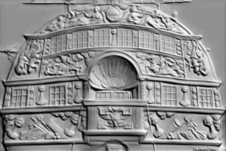 3D model of antique ship stern bas-relief with figures, ornaments, and coat of arms