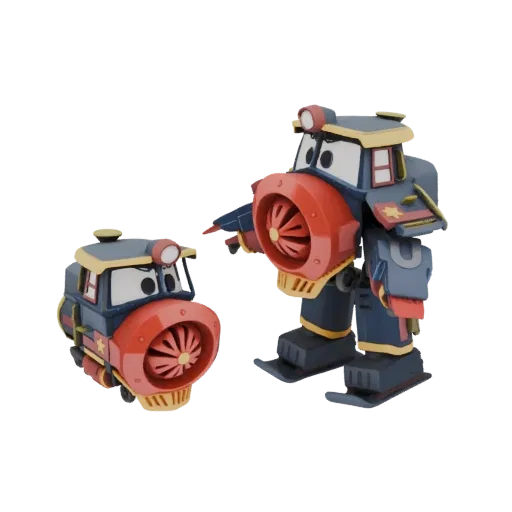 3D model of two transforming train robots, one small and one large, with blue, red, and gold accents, set against a white bac