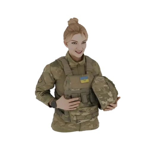 3D model of a Ukrainian soldier woman in uniform, smiling and holding a camouflage helmet.