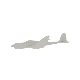 Side view of a 3D model of the De Havilland Mosquito light bomber, rendered in a neutral grey color against a white backgroun