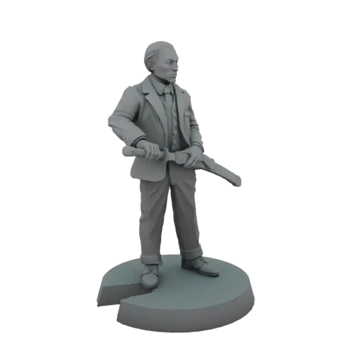 3D render of a Victorian gentleman in a suit holding a rifle, standing on a circular base.