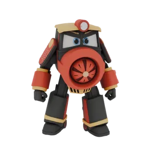 3D render of a stylized Samurai Train Robot with a red chest intake, black and red armor, and golden helmet details, standing