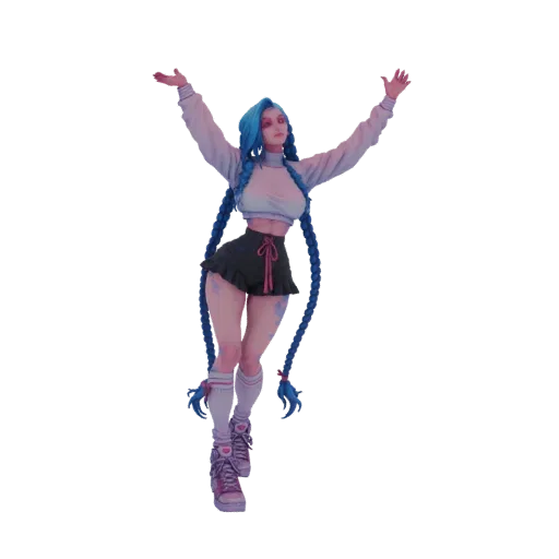 3D model of a Jinx-inspired character with long blue pigtails, wearing a cropped sweater and short skirt, arms outstretched i