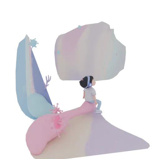 3D model of a child with headphones sitting on a pink cloud-like slide, surrounded by pastel-colored abstract shapes.