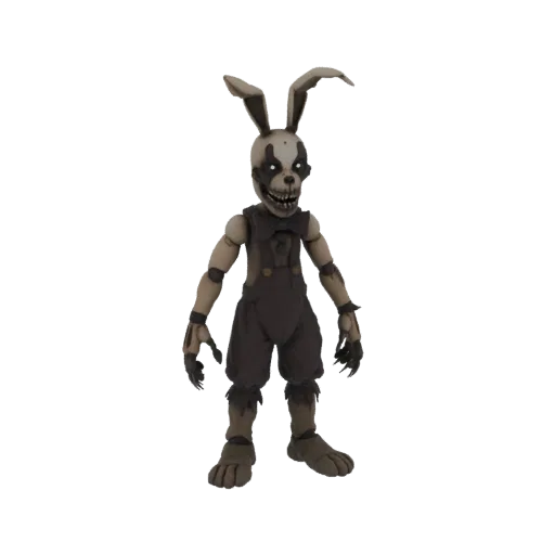 3D model of a creepy rabbit character with a skeletal face, tattered overalls, and sharp claws, standing against a white background.