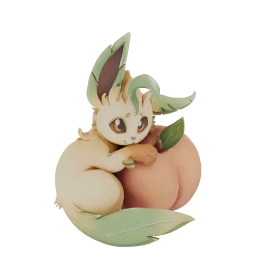 3D model of Leafeon, the Pokemon, gently hugging a ripe peach, with its green leaf-like ears and tail curled around the fruit