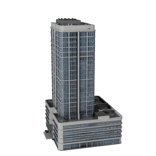 Modèle 3D haute poly de gratte-ciel résidentiel, vue rapprochée de rendu architectural, montrant les matériaux de bâtiment de